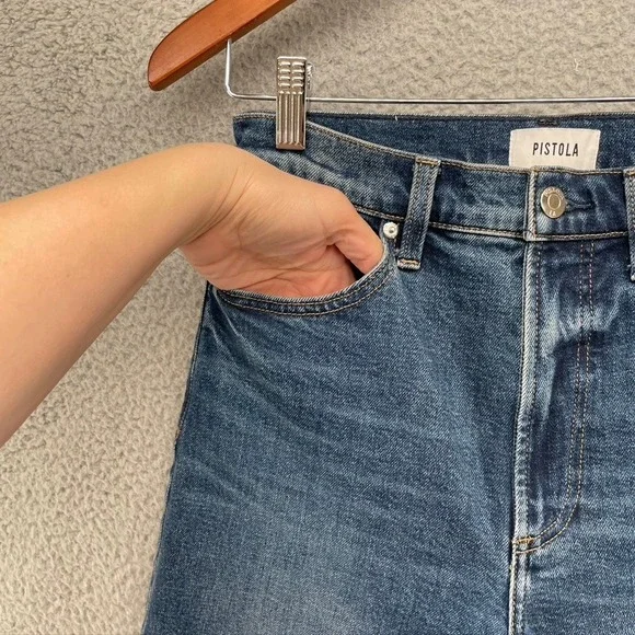 Pistola Broadway Jeans Womens 27 4 Medium Wash Blue High Rise Wide Leg Raw Hem - Picture 3 of 11